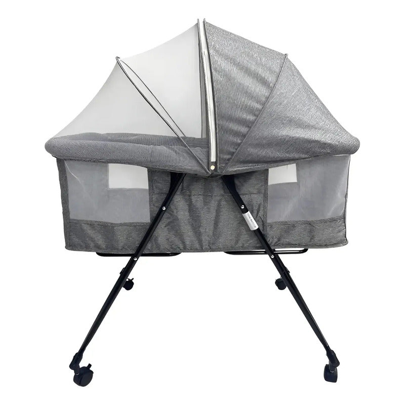 Corral Cuna Mecedora Portátil Kidshop Para Bebé Gris Con Colchón, Mosquitero Y Capota Lisa