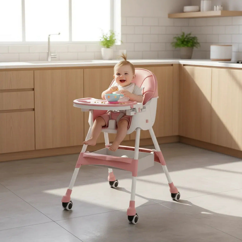 Silla Comedor Bebe Doble Altura Infantil Acolchado 4 En 1 Lisa Rosa Claro