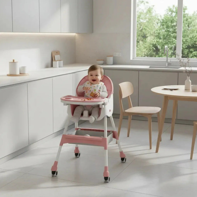 Silla Comedor Bebe Doble Altura Infantil Acolchado 4 En 1 Lisa Rosa Claro
