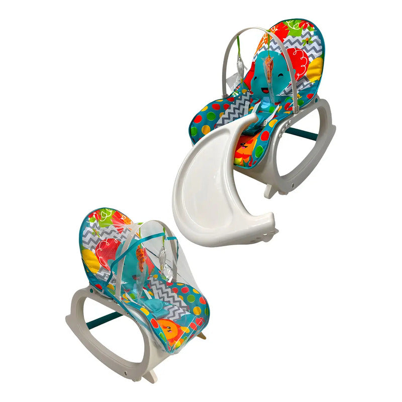 Silla Mecedora Vibradora Con Bandeja + Toldillo Azul Verdoso Multicolor Floreado