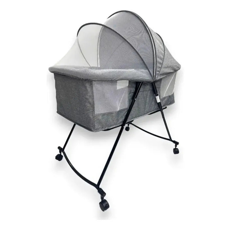 Corral Cuna Mecedora Portátil Kidshop Para Bebé Gris Con Colchón, Mosquitero Y Capota Lisa