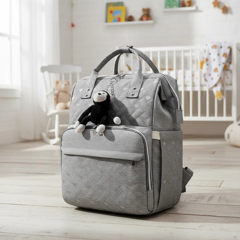 Morral Pañalera Gris Corazones Con Llavero De Mono 8031-gr Gris Nube