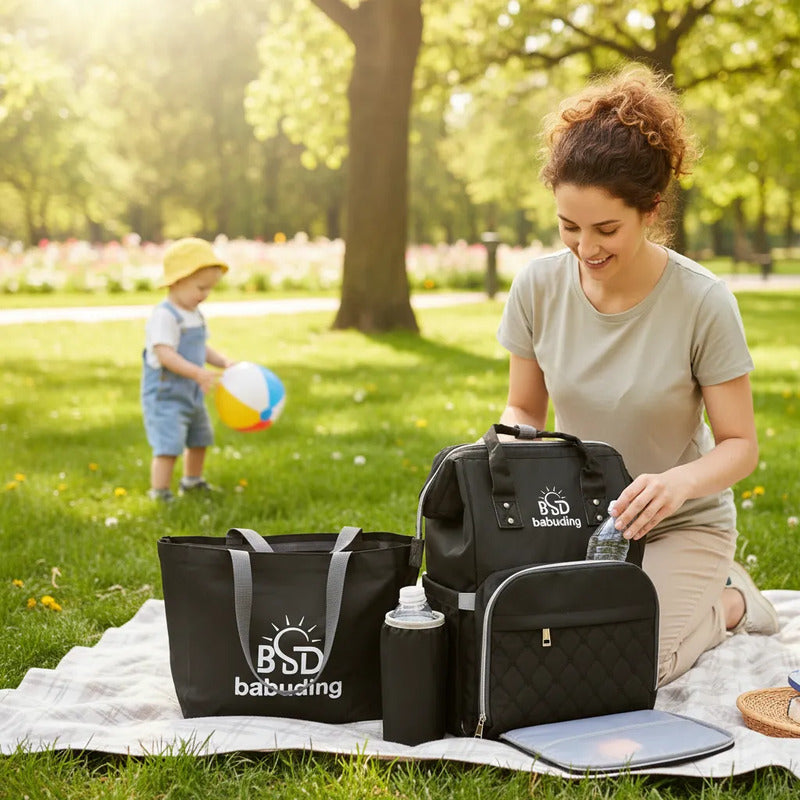 Pañalera Multifuncional Bebe Mochila Con Obsequio Negro Bordado