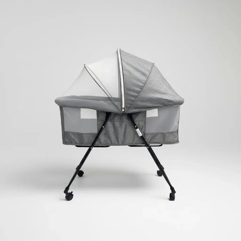 Corral Cuna Mecedora Portátil Kidshop Para Bebé Gris Con Colchón, Mosquitero Y Capota Lisa