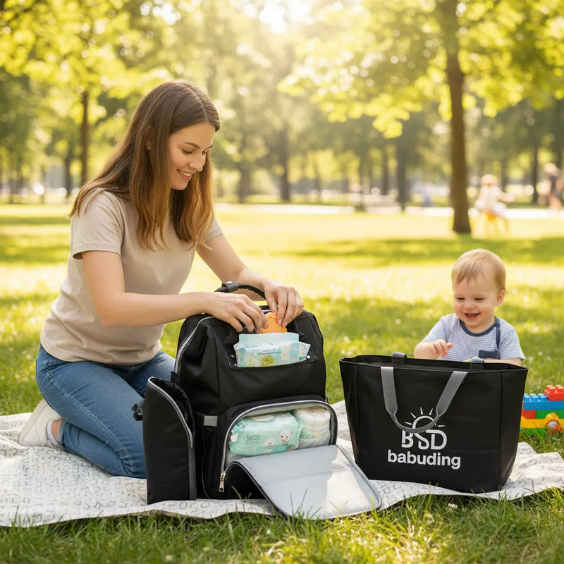Pañalera Multifuncional Bebe Mochila Con Obsequio Negro Bordado