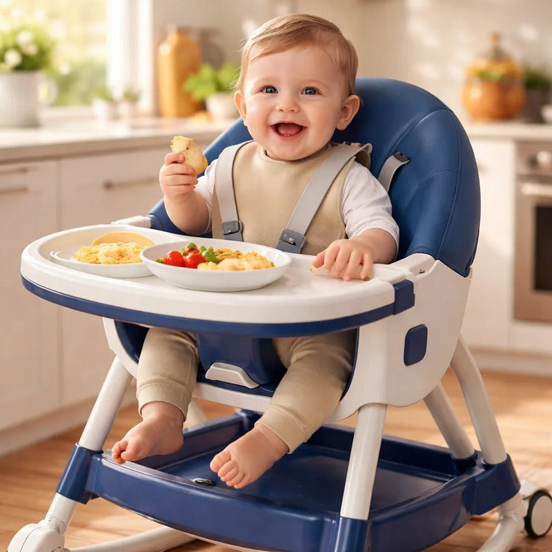 Silla Comedor Bebe Doble Altura Infantil Acolchado 4 En 1 Lisa Azul
