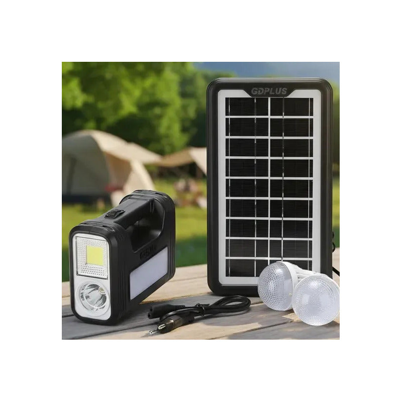 Kit Panel Solar 3 Bombillos Batería Linterna Carga Celulares Negro