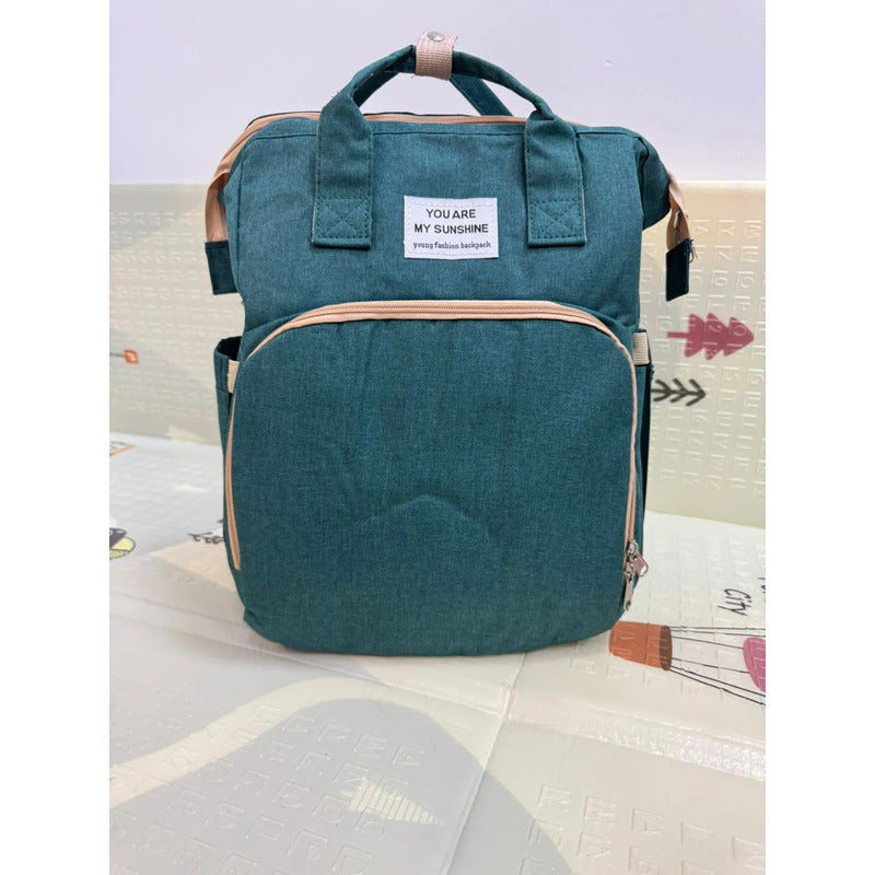 Pañalera Tipo Morral  Con Bolsillos Termicos Y Cambiador Verde Lisa