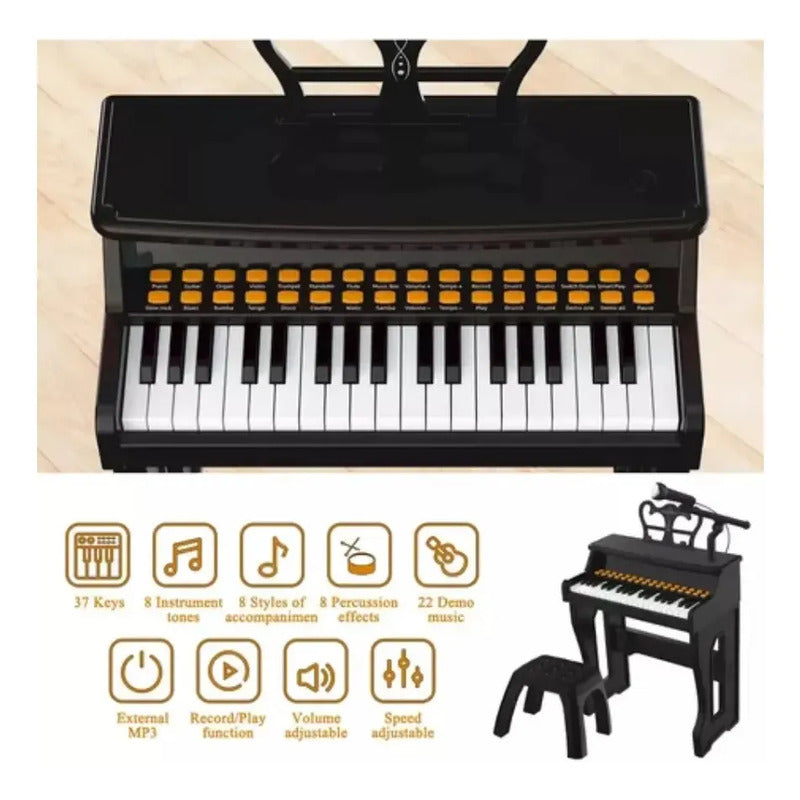 Piano Organeta Clasico Musical 37 Letras Juguetes Con Silla Color Negro 110v