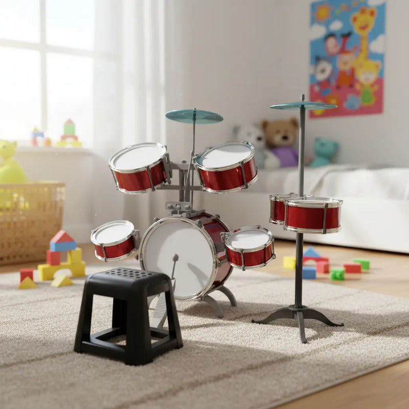 Set Batería Musical 7tambores + Silla Niños Percusión Hk8031 Color Rojo