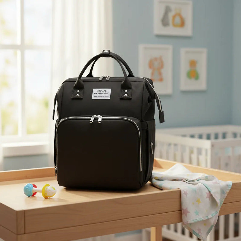 Pañalera Tipo Morral  Con Bolsillos Termicos Y Cambiador Negro Liso