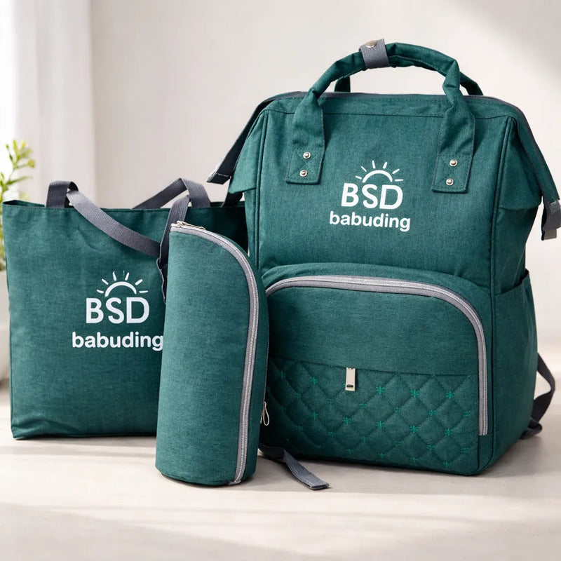 Pañalera Multifuncional Bebe Mochila Con Obsequio Verde Oscuro Bordado