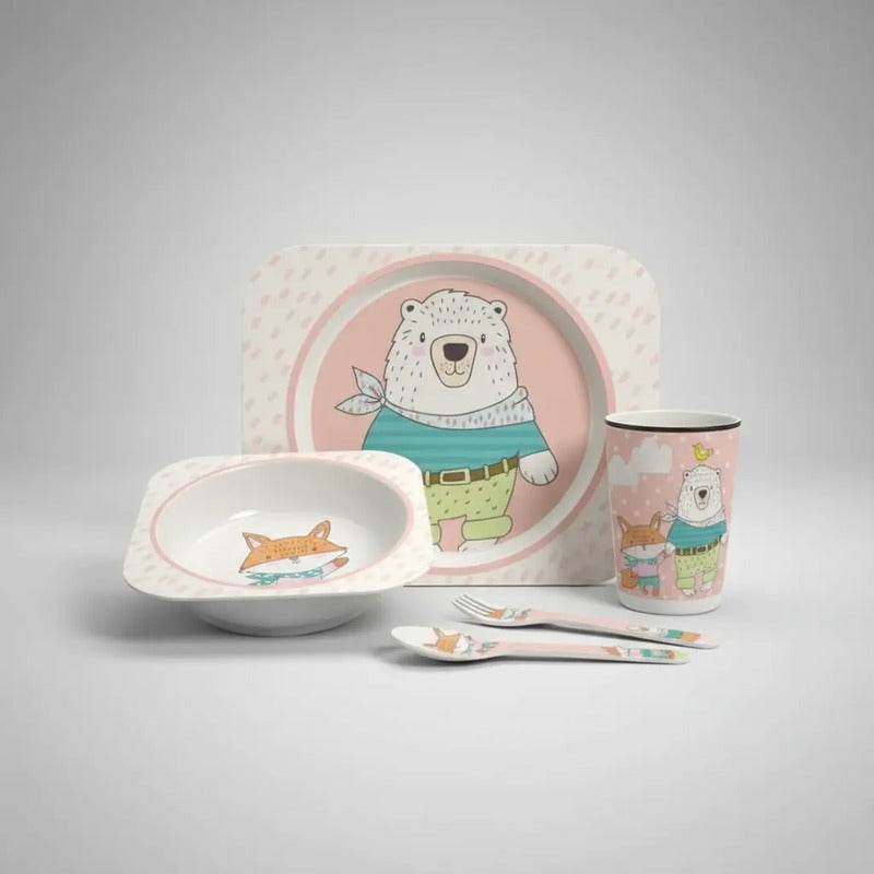 Set Vajilla Bebes Niños Bambu 5 Piezas Plato Con Divisiones