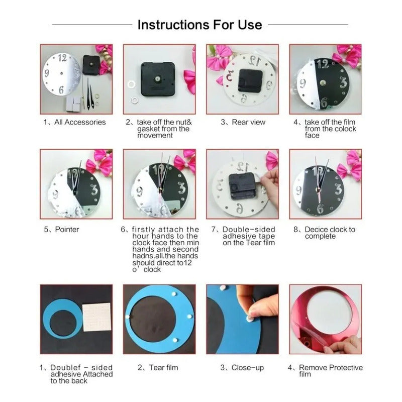 Reloj De Pared Espejo 3d Decoración Moderna Hogar Adhesivo  Plateado Rojo