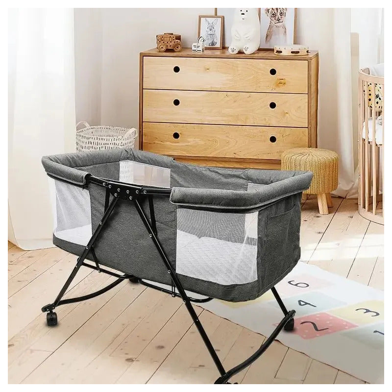 Corral Cuna Mecedora Portátil Kidshop Para Bebé Gris Con Colchón, Mosquitero Y Capota Lisa
