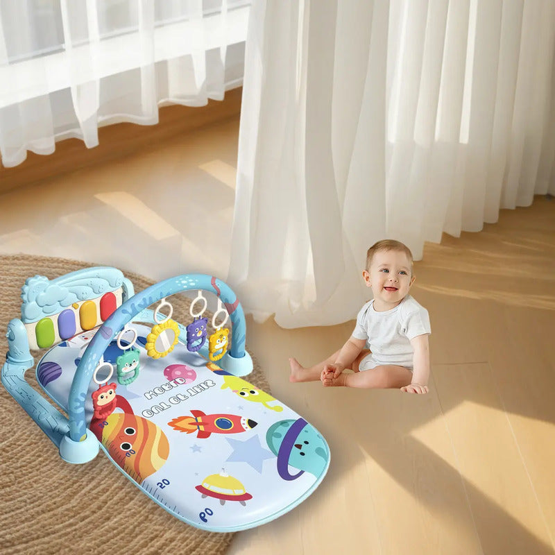 Gimnasio Acolchado Para Bebé Alfombra Infantil Con Piano Alfombra Musical Bebé Con Piano Para Patadas Azul, 5 Juguetes Colgantes Desmontables - Tapete Sensorial Plegable 1-36 Meses