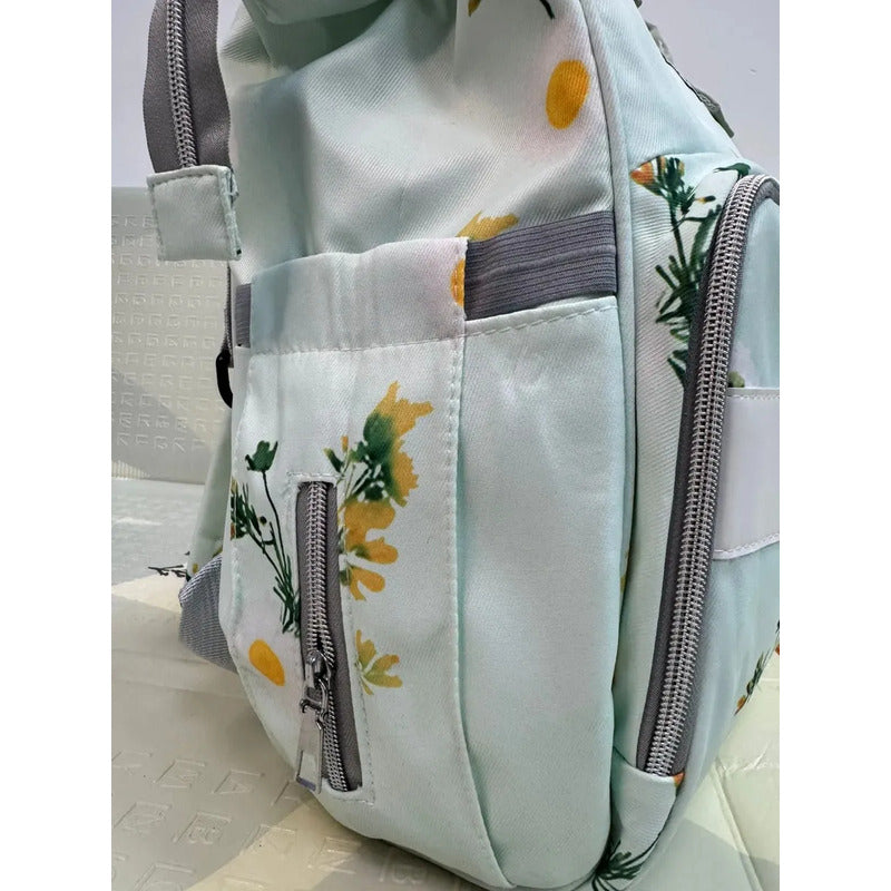 Bolso Pañalera Morral Moderno De Bebe Estampados 11519-8 Verde Claro Flores