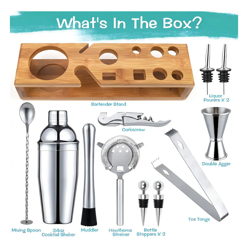 Set Bartender Kit Coctelera Vaso Preparar Bebibas Bar 13 Pza Color Plateado