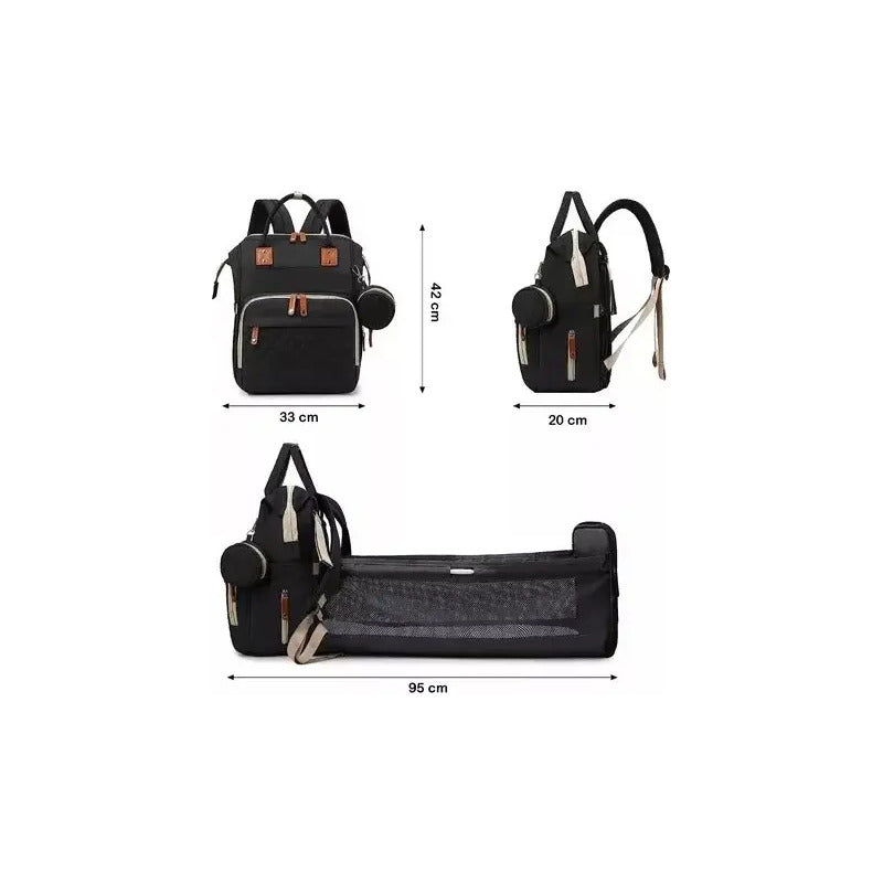 Pañalera Bebé Con Cama Cuna Portatil Cambiador Puerto Usb Color Negro Geométrico