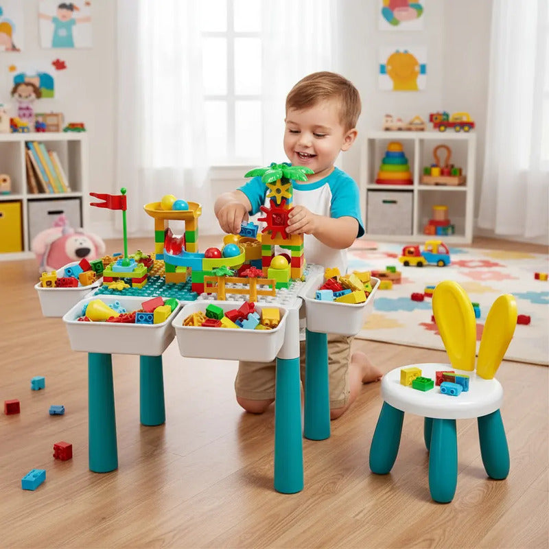 Mesa Didáctica De Bloques Para Armar+silla Infantil Rt-1258 Color Blanco