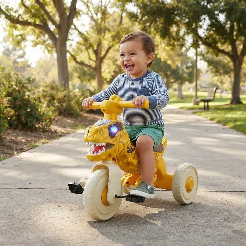 Triciclo Andador Infantil Dinosaurio Con Luces Y Música 6066 Naranja