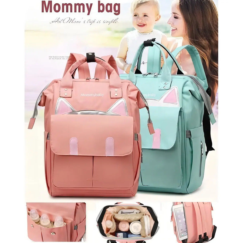 Bolso Pañalera Multifuncional Bebe Mochila Gatico Ref 1402 Color Rosa Liso