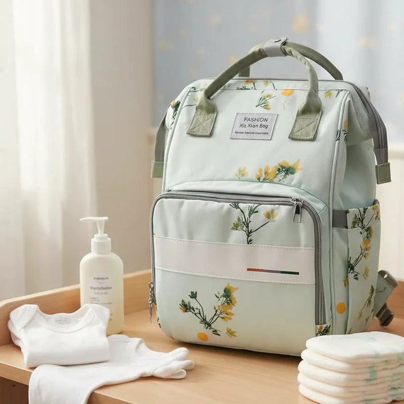 Bolso Pañalera Morral Moderno De Bebe Estampados 11519-8 Verde Claro Flores
