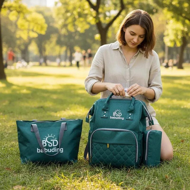 Pañalera Multifuncional Bebe Mochila Con Verde Oscuro Bordado