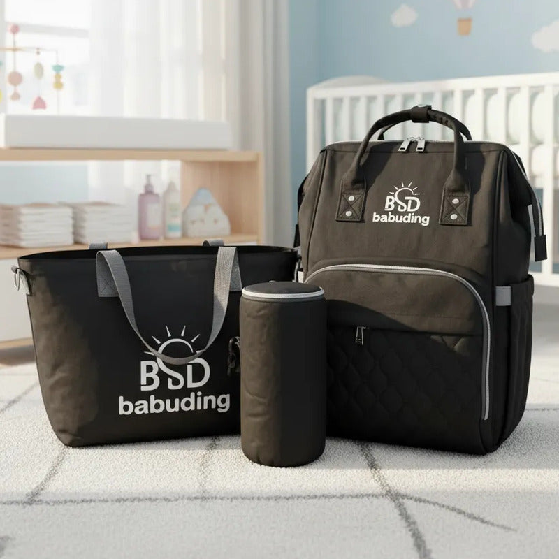 Pañalera Multifuncional Bebe Mochila Con Obsequio Negro Bordado