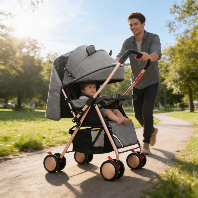 Coche Paseador Para Bebe Facil De Cerrar Y Reversible 803-7 Gris Claro Dorado