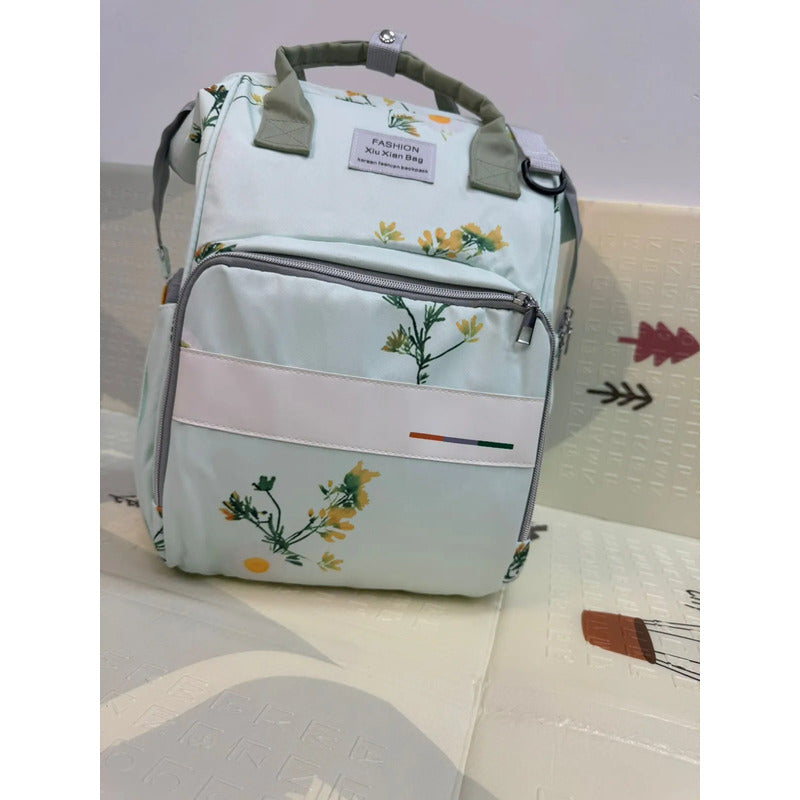 Bolso Pañalera Morral Moderno De Bebe Estampados 11519-8 Verde Claro Flores
