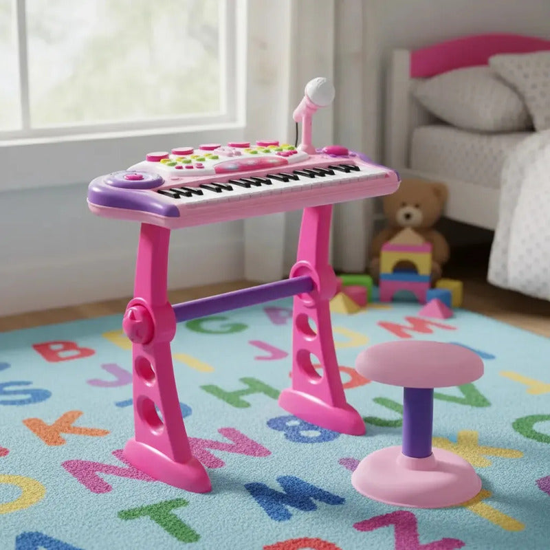 Organeta Piano Teclado Mp3 Para Niños Con Silla Color Rosa 110v