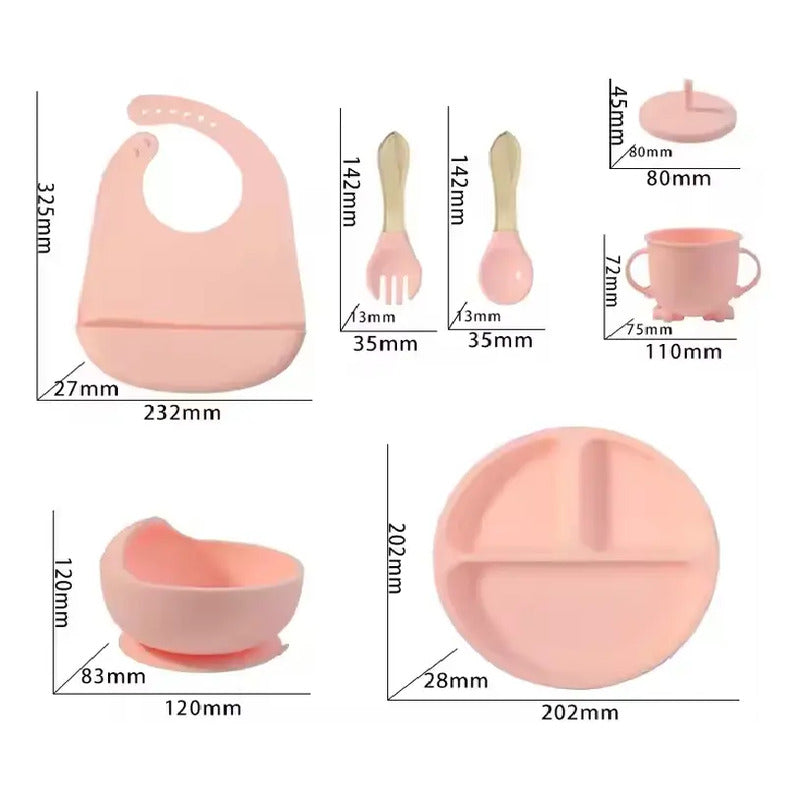 Set 7 Piezas Vajilla Silicona Para Bebé Colores Surtidos