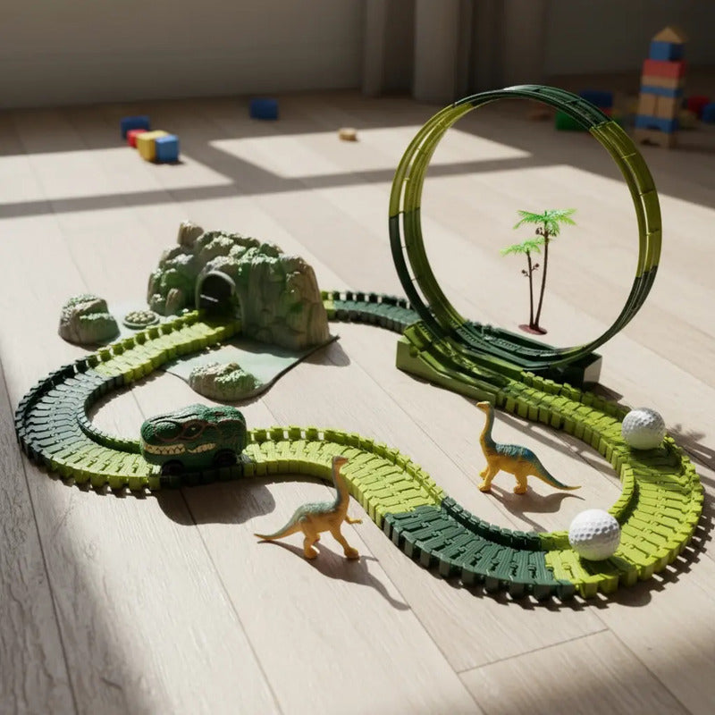 Pista De Carreras De Coches Con Juguetes De Dinosaurios 140 Verde