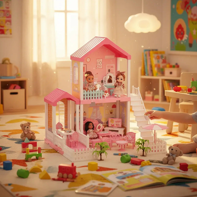 Casa De Muñecas Infantil Con Cocina, Sala Y Dormitorio X1257 Rosa