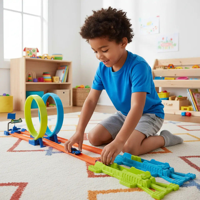 Pista De Carros Kidshop Con Lanzador Azul Y Accesorios