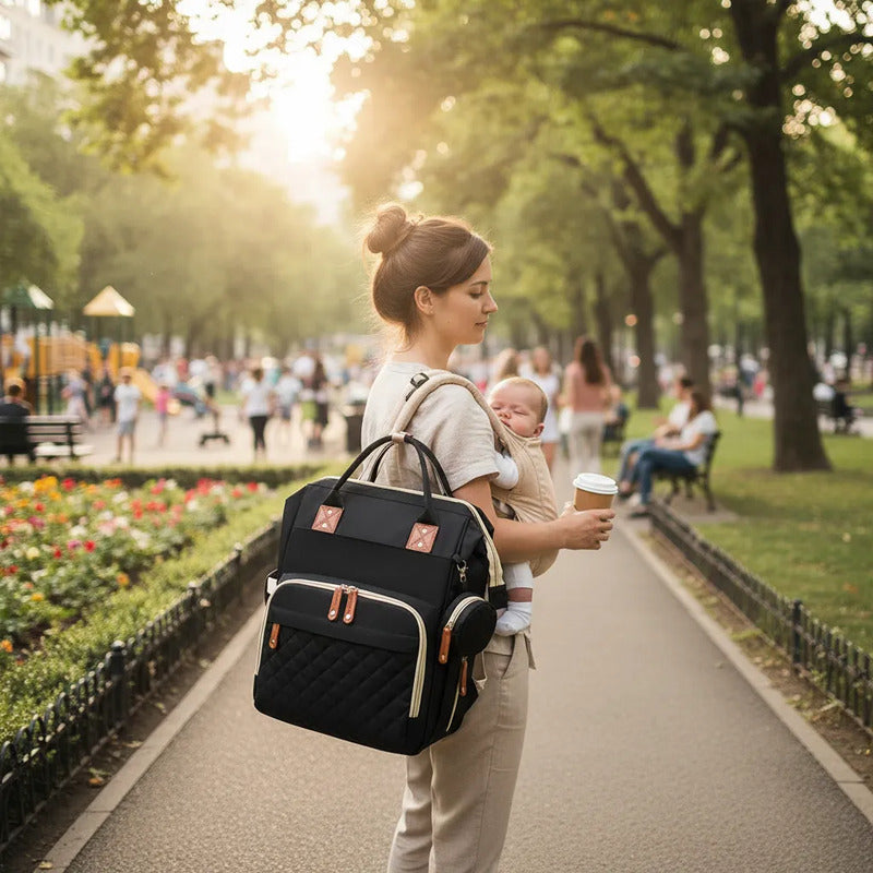 Bolso Pañalera Morral Moderno De Bebe Negro Impermeable