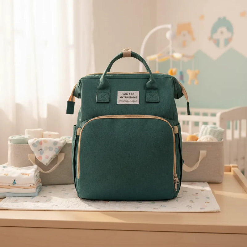 Pañalera Tipo Morral  Con Bolsillos Termicos Y Cambiador Verde Lisa