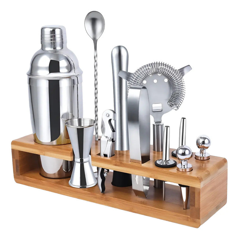 Set Bartender Kit Coctelera Vaso Preparar Bebibas Bar 13 Pza Plateado