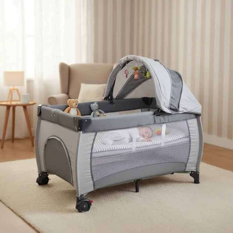 Cuna Corral Camping Plegable Con Toldillo Y Cambiador Rosado Gris Oscuro