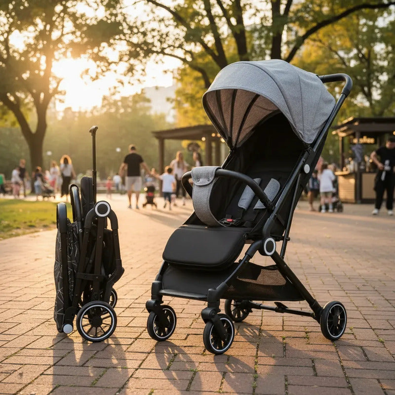 Coche Paseador Para Bebe Tipo Maleta + Toldillo X5 Gris Negro