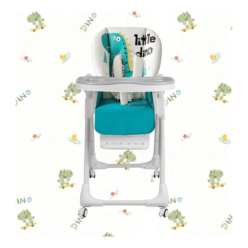 Silla Comedor Kidshop Doble Bandeja Plegable Dinosaurio Turquesa