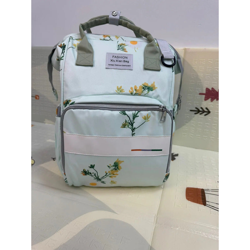 Bolso Pañalera Morral Moderno De Bebe Estampados 11519-8 Verde Claro Flores