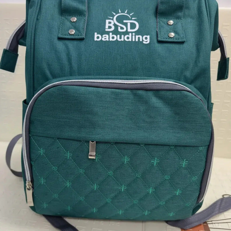 Pañalera Multifuncional Bebe Mochila Con Verde Oscuro Bordado