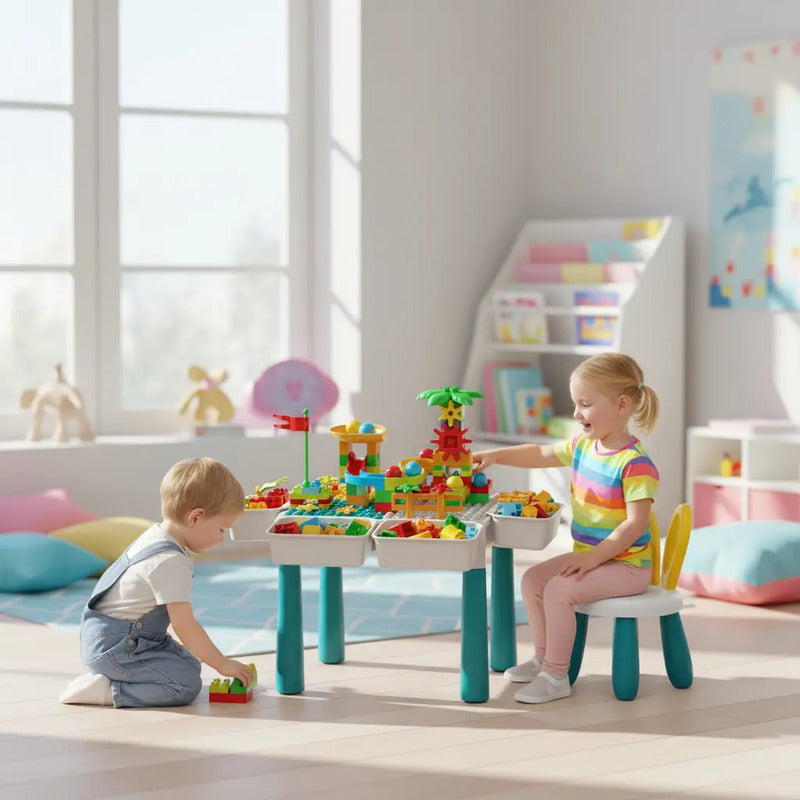 Mesa Didáctica De Bloques Para Armar+silla Infantil Rt-1258 Color Blanco