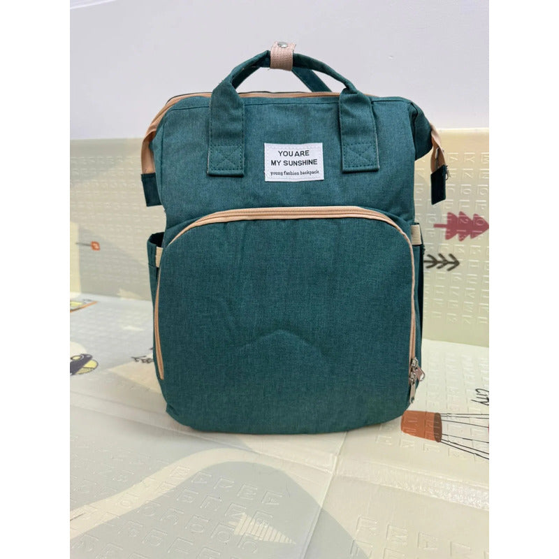 Pañalera Tipo Morral  Con Bolsillos Termicos Y Cambiador Verde Lisa