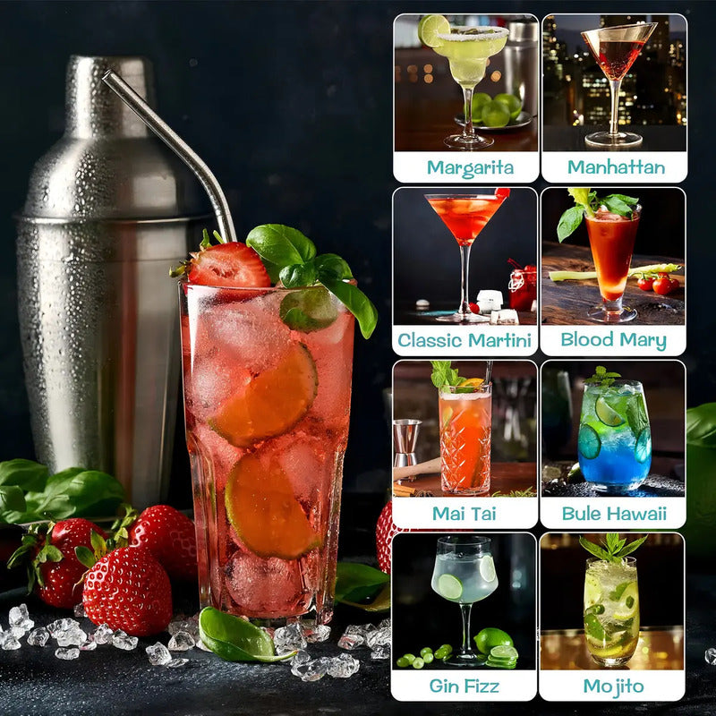 Set Bartender Kit Coctelera Vaso Preparar Bebibas Bar 13 Pza Color Plateado