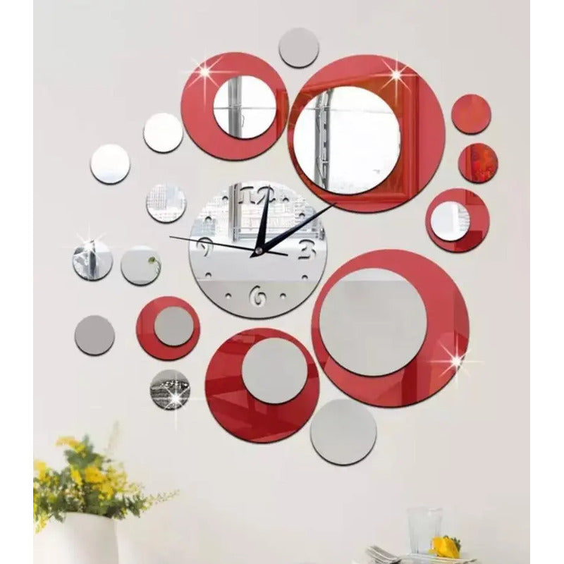 Reloj De Pared Espejo 3d Decoración Moderna Hogar Adhesivo  Plateado Rojo