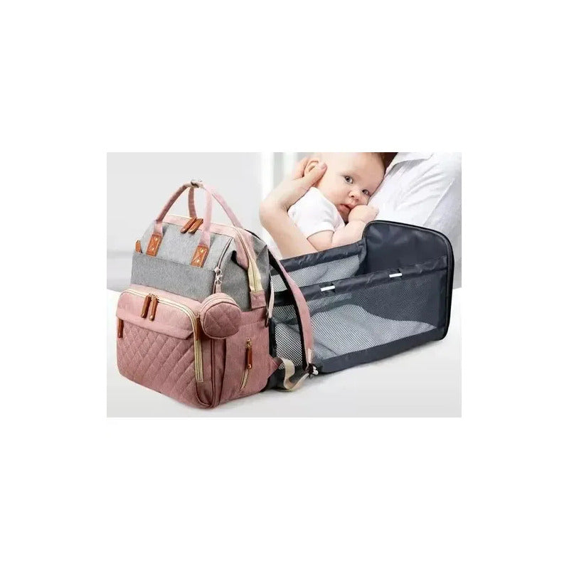 Pañalera Bebé Con Cama Cuna Portatil Cambiador Puerto Usb Color Gris Oscuro Geométrico