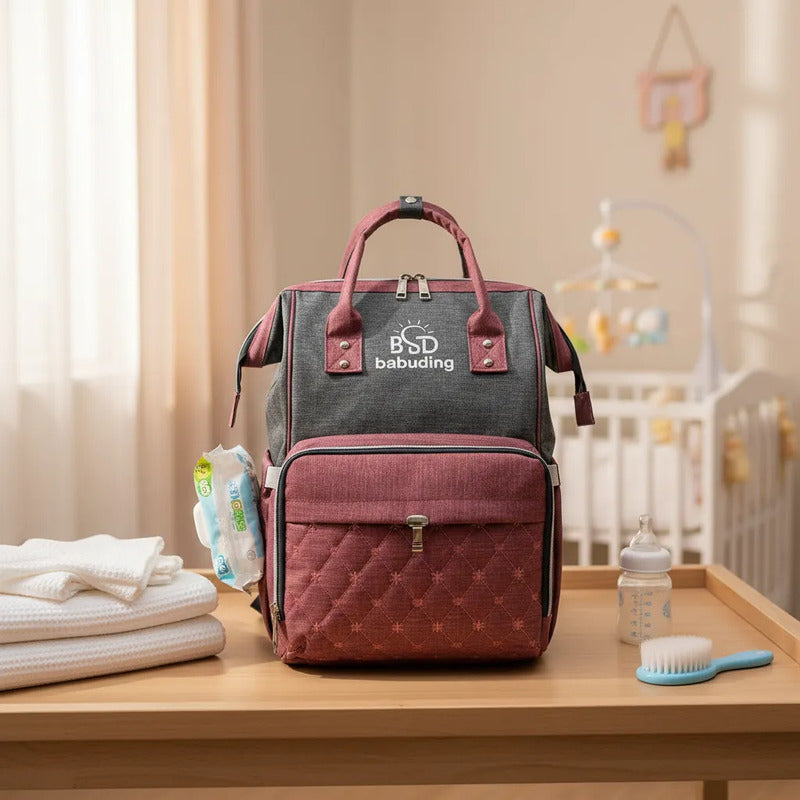 Pañalera Multifuncional Bebe Mochila Con Rojo Bordado